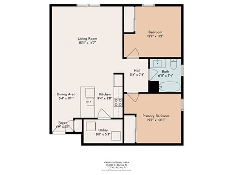 Floor plan for 2 beds, 1 bath, 689 sqft